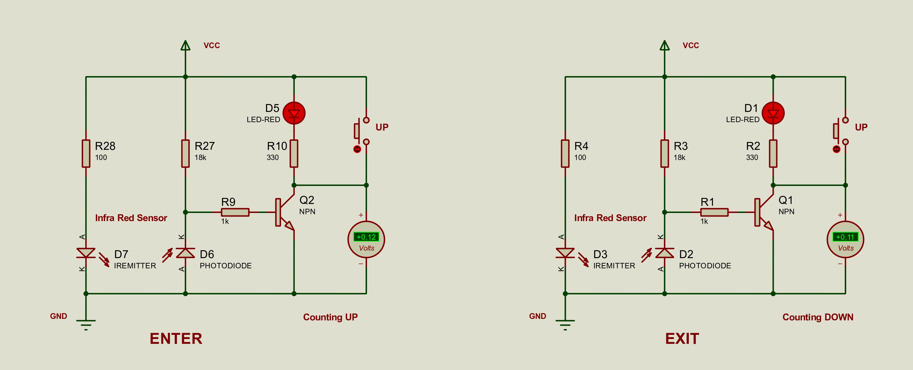 Dual IR detector Proteus circuit